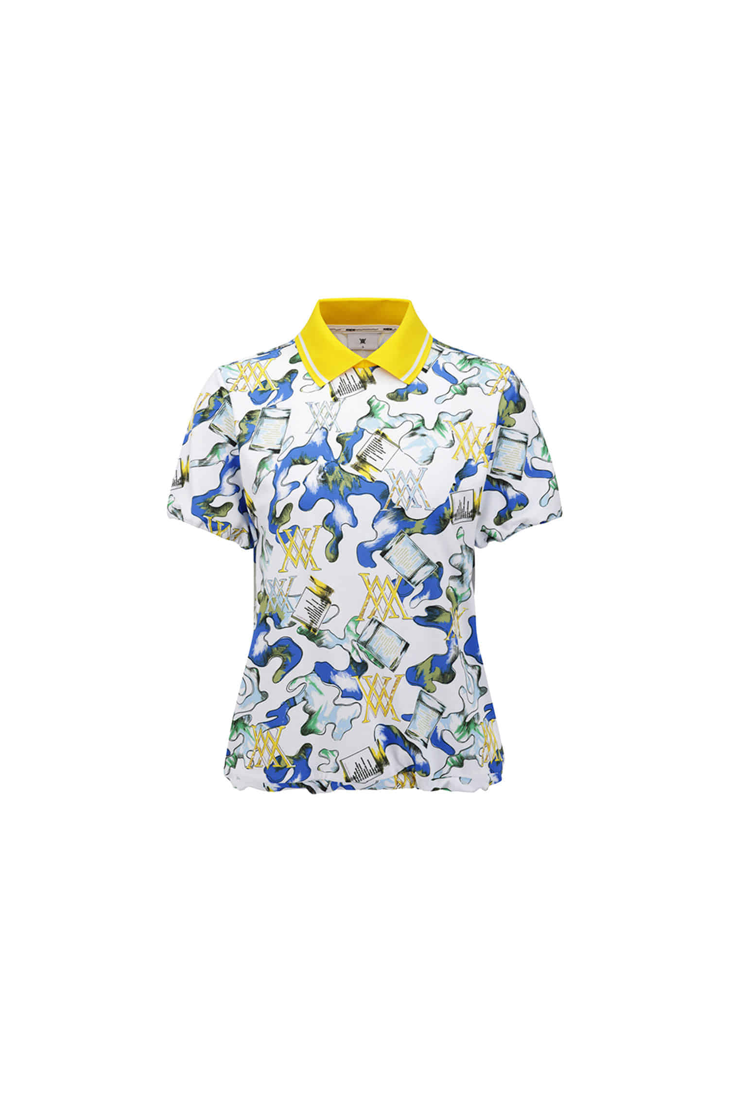 Áo golf nữ tay ngắn họa tiết trừu tượng phối cổ vàng — Anew | Seoul Golf Fashion
