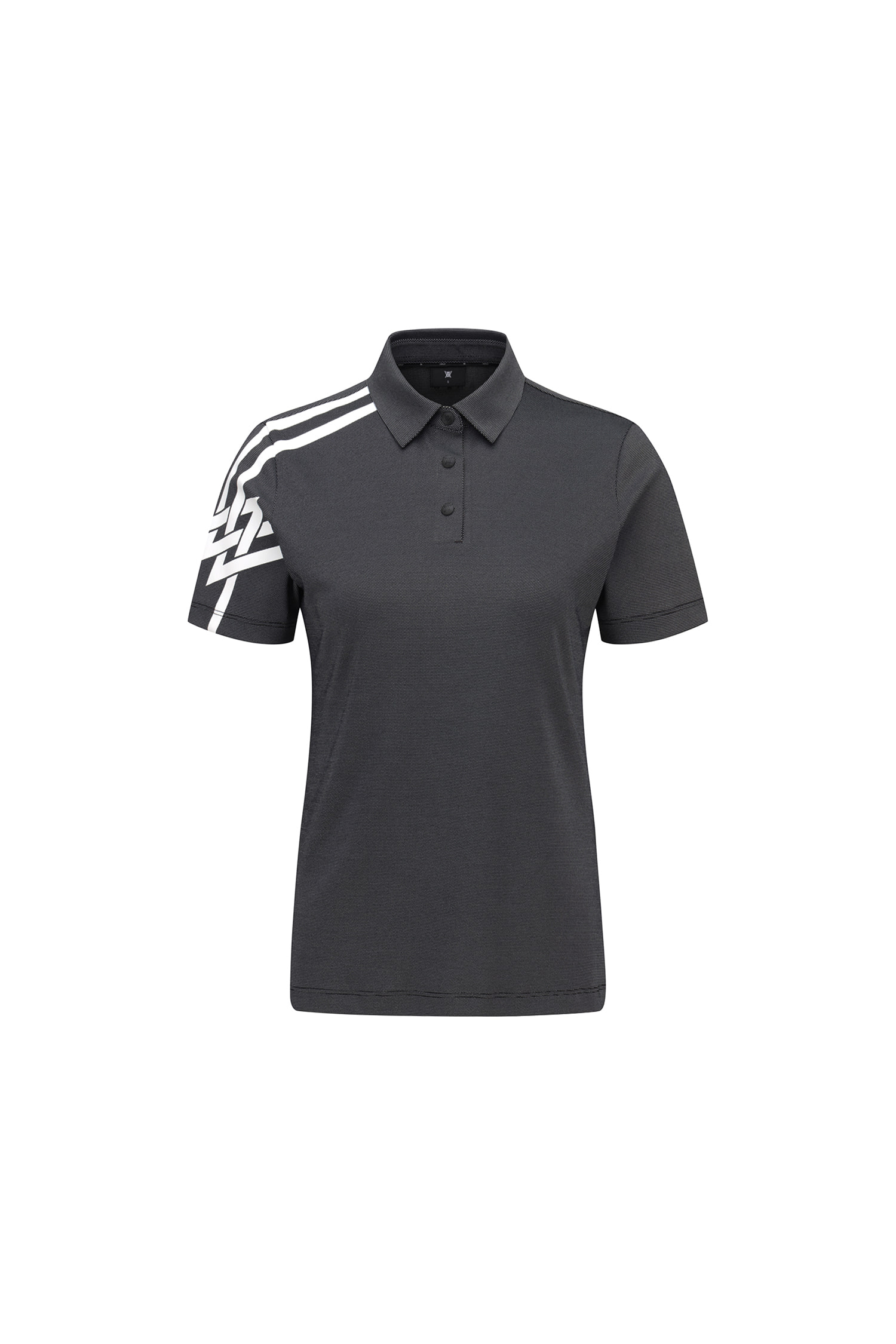 Áo polo golf nữ tay ngắn họa tiết trắng trên vai màu đen — Anew | Seoul Golf Fashion