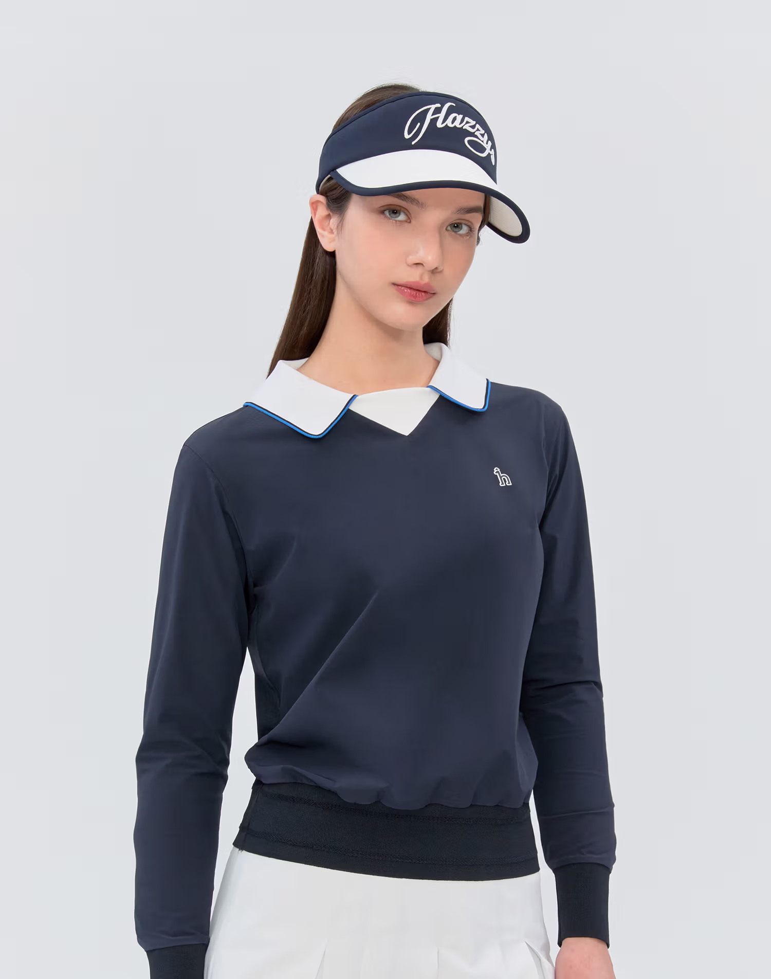 Áo len nữ màu xanh hải quân cổ thủy thủ cách điệu dệt kim — Hazzys | Seoul Golf Fashion