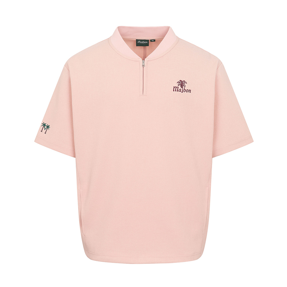 Áo golf nữ tay ngắn cổ trụ với khóa kéo màu hồng pastel — Malbon | Seoul Golf Fashion