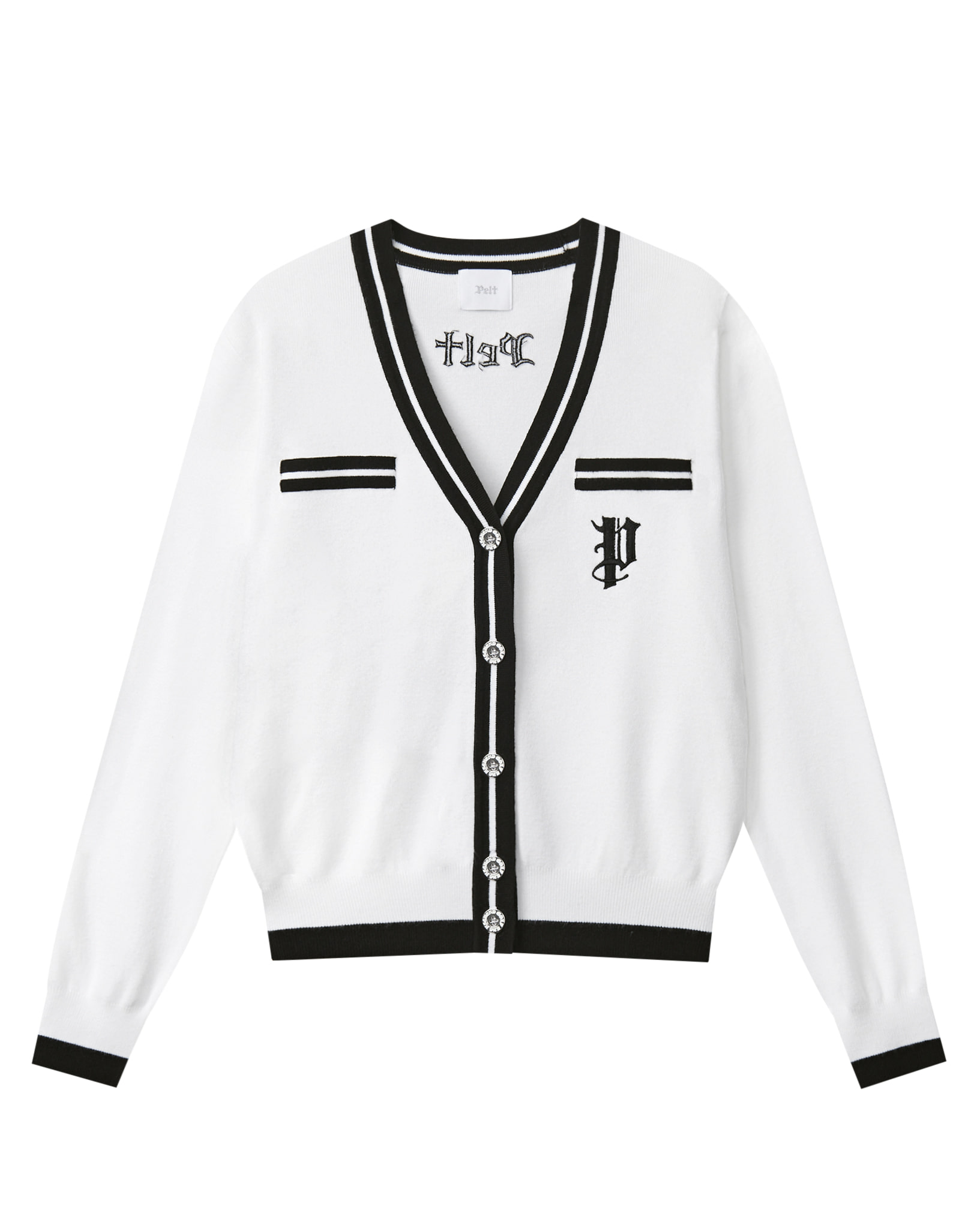 Áo khoác cardigan dệt kim cổ chữ V với điểm nhấn phối màu. | Seoul Golf Fashion