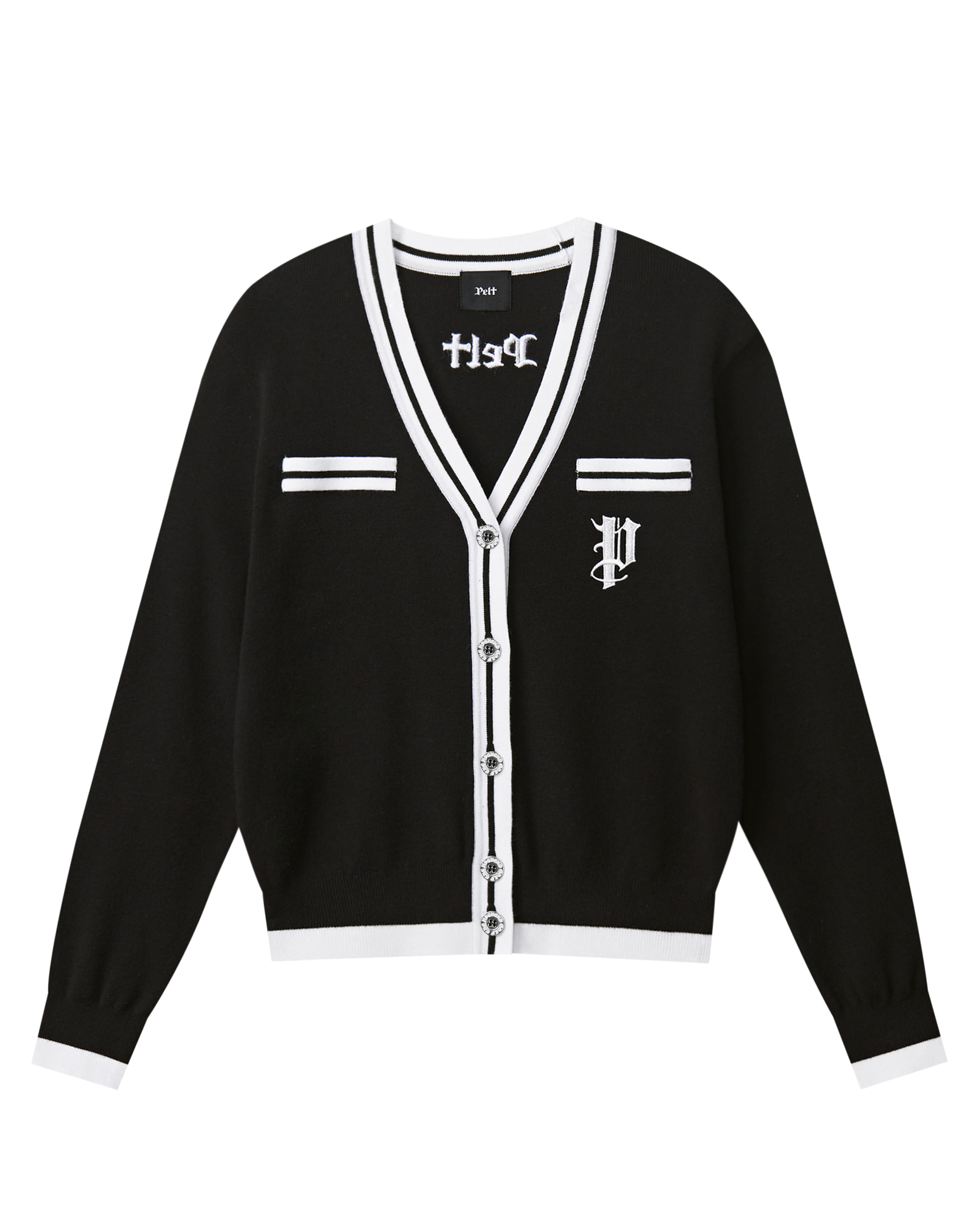 Áo khoác cardigan dệt kim cổ chữ V với điểm nhấn phối màu. | Seoul Golf Fashion