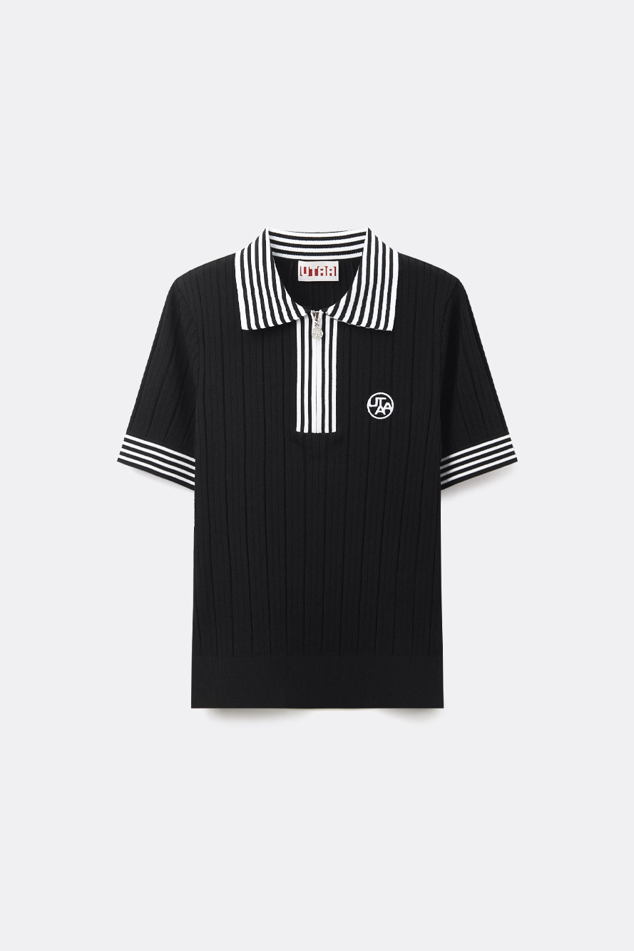 Áo thun cổ bẻ có khóa kéo, tay dài dệt kim gân, họa tiết sọc Utah Line. — UTAA T-Shirt