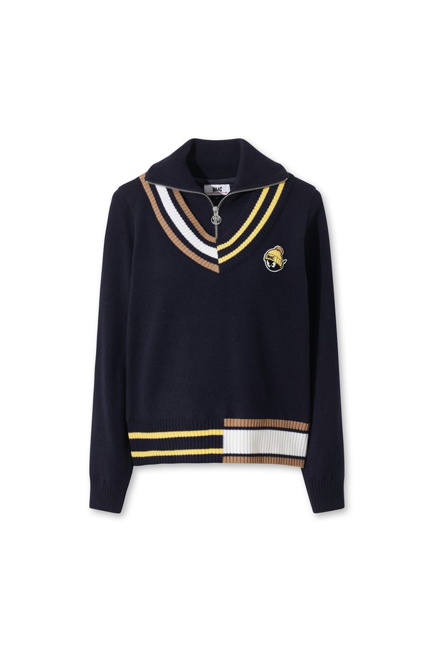 Áo sơ mi golf nữ cổ kéo phối viền kẻ sọc màu navy — WAAC | Seoul Golf Fashion