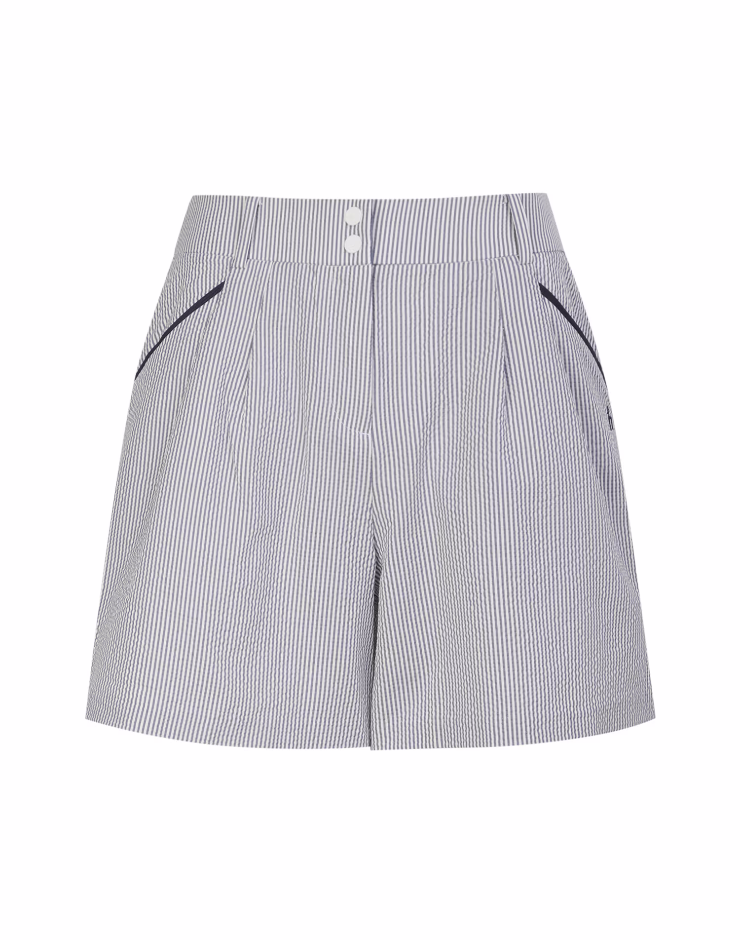 Quần lửng xếp ly vải seersucker màu xanh hải quân dành cho nữ. — Hazzys | Seoul Golf Fashion