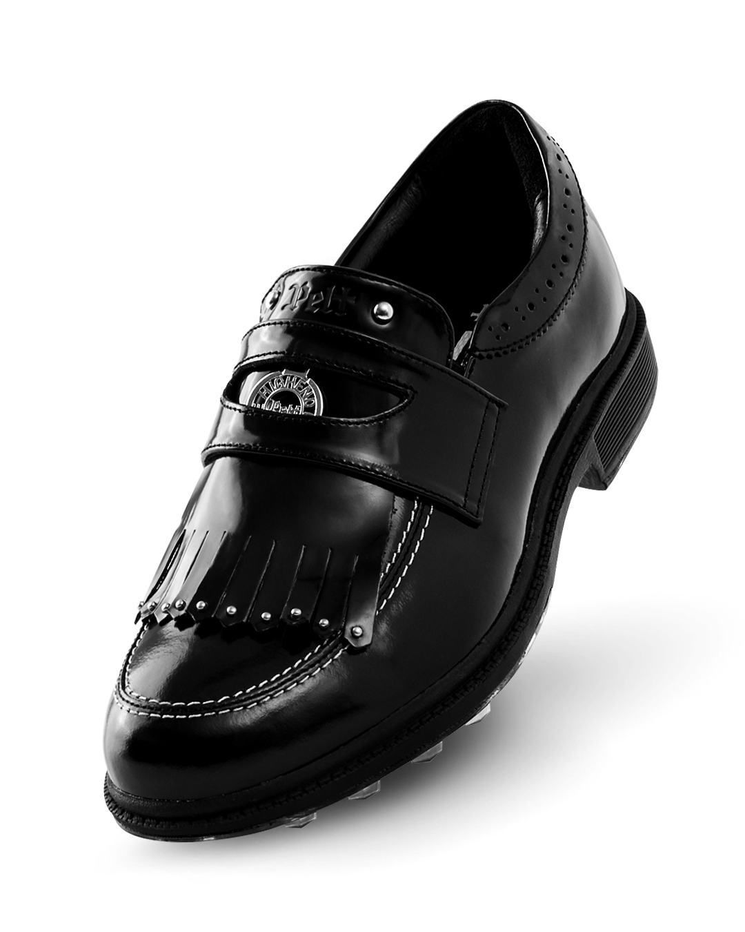 Giày lười cổ tròn đính đá, có biểu tượng bằng nỉ màu bạc và tua rua. — Pelt | Seoul Golf Fashion