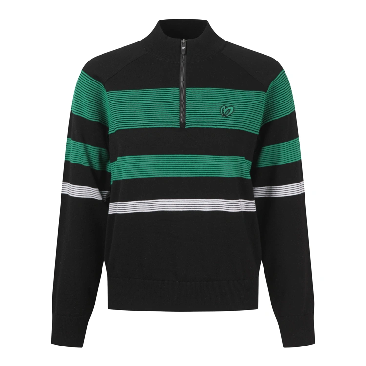 Áo knit golf nữ Master Bunny Edition màu đen phối sọc ngang xanh và trắng, cổ khóa nửa tay