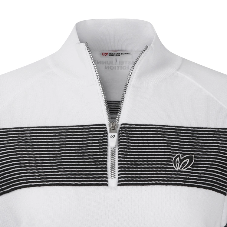 Áo knit golf nữ cổ giả chờm phối sọc ngang trắng đen — ảnh 3