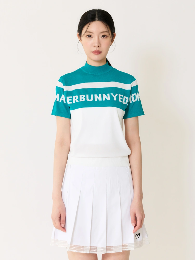 Áo knit golf nữ tay ngắn phối viền chữ logo Master Bunny Edition màu xanh ngọc trắng