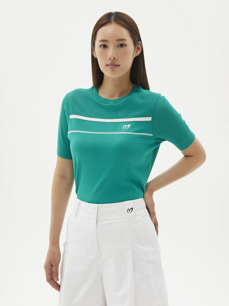 Áo knit golf nữ Master Bunny Edition màu xanh lá, tay ngắn phối viền trắng