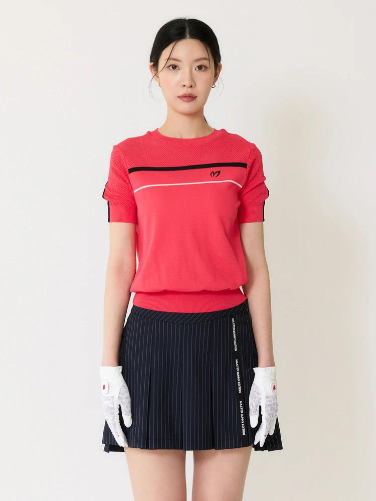 Áo knit golf nữ tay ngắn phối viền đen hồng — Master Bunny Edition | Seoul Golf Fashion