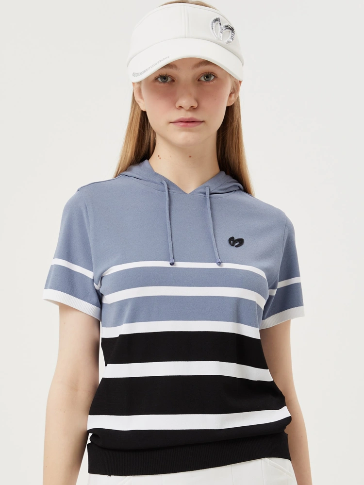 Áo knit golf nữ Master Bunny Edition màu xanh dương phối sọc trắng đen, tay ngắn có mũ