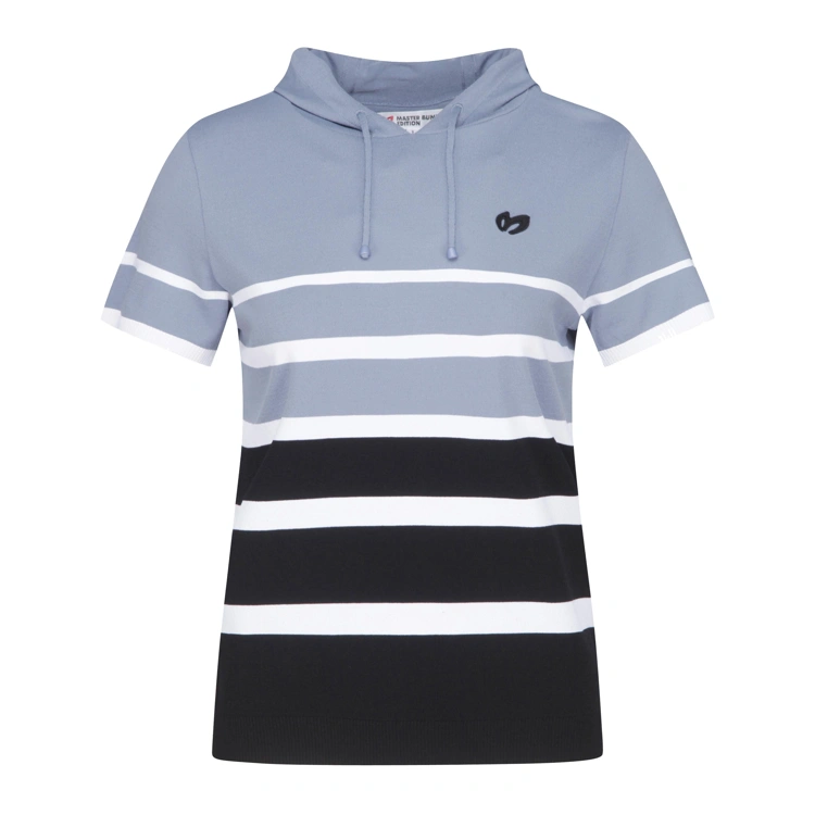Áo knit golf nữ tay ngắn phối sọc xanh dương trắng đen — ảnh 2