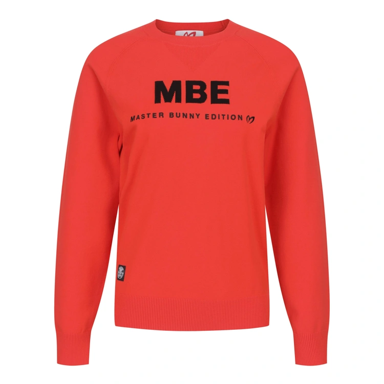 Áo knit golf nữ Master Bunny Edition màu đỏ cổ tròn in logo MBE trước ngực