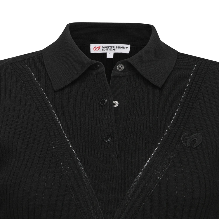 Áo knit golf nữ cổ bẻ tay lửng màu đen — ảnh 3