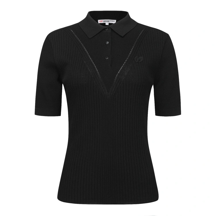 Áo knit golf nữ Master Bunny Edition màu đen, cổ bẻ, tay lửng, form ôm nhẹ