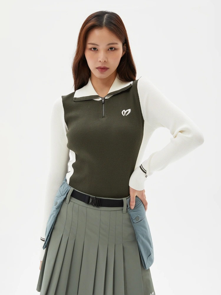 Áo knit golf nữ cổ kéo khóa phối màu xanh lá — Master Bunny Edition | Seoul Golf Fashion