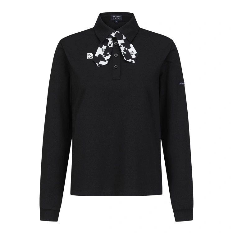 Áo golf nữ tay dài cổ bẻ nơ họa tiết đen — Pearly Gates | Seoul Golf Fashion