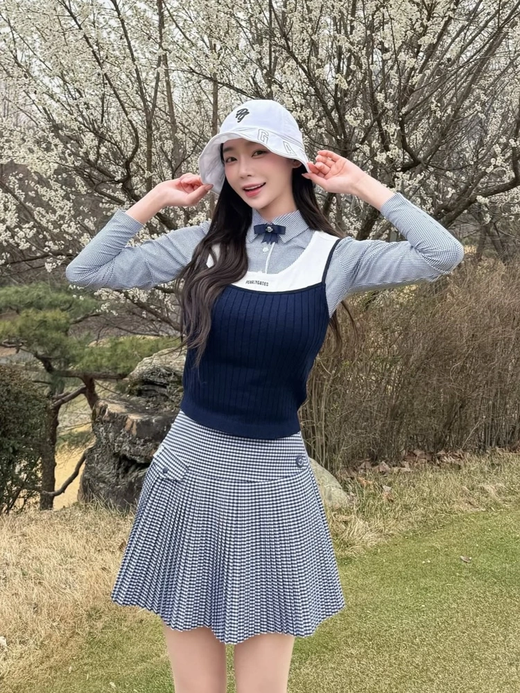 Chân váy golf nữ Pearly Gates xếp ly họa tiết caro màu xanh navy