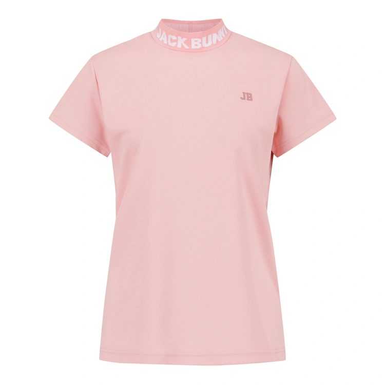 Áo golf nữ màu hồng tay ngắn cổ đứng in logo JB và chữ JACK BUNNY phân bố trên cổ áo
