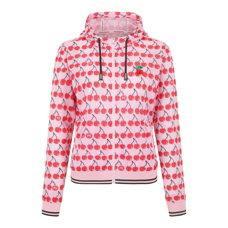 Áo khoác golf nữ jumper màu hồng họa tiết cherry toàn thân có mũ trùm