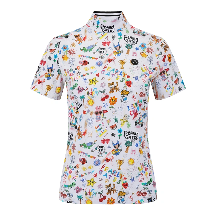 Áo golf nữ tay ngắn cổ cao họa tiết đa sắc trắng — ảnh 2