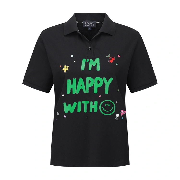 Áo golf nữ tay ngắn cổ bẻ họa tiết chữ màu đen — ảnh 2