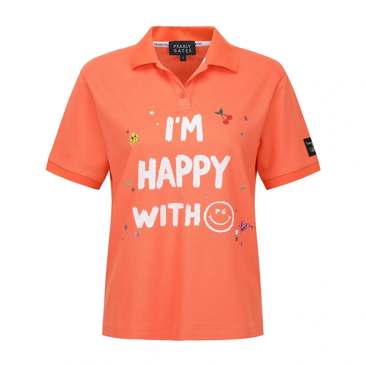 Áo golf nữ Pearly Gates màu cam tay ngắn cổ bẻ in chữ trắng I'm Happy With