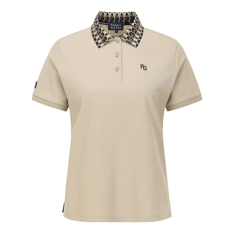Áo polo golf nữ màu be Pearly Gates cổ họa tiết, tay ngắn