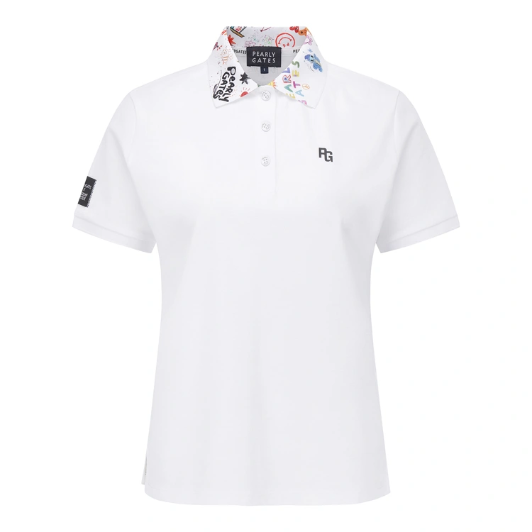 Áo golf nữ trắng Pearly Gates cổ bẻ in họa tiết màu sắc, tay ngắn, logo PG trước ngực