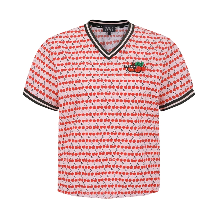 Áo golf nữ Pearly Gates màu hồng họa tiết cherry đỏ dáng suông cổ tim viền đen trắng
