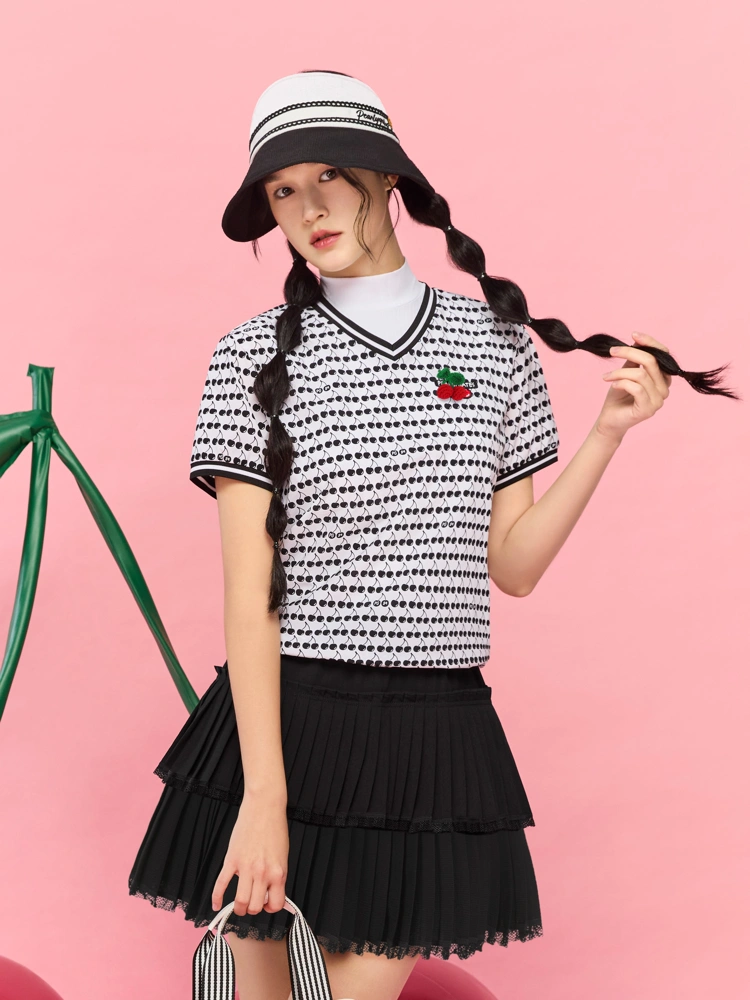 Áo golf nữ tay ngắn cổ tim viền đen trắng Pearly Gates mẫu trắng họa tiết chấm bi nhỏ