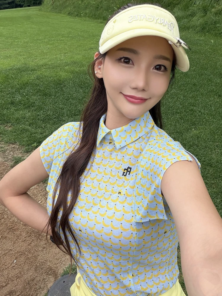 Áo golf nữ Pearly Gates màu xanh dương tay ngắn họa tiết chuối vàng