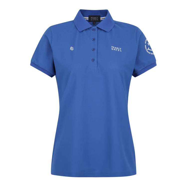 Áo polo golf nữ màu xanh dương Pearly Gates cổ bẻ tay ngắn logo thêu ngực tay áo