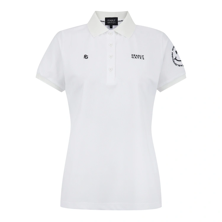 Áo polo golf nữ màu trắng cổ bẻ logo Pearly Gates thêu ngực và tay áo