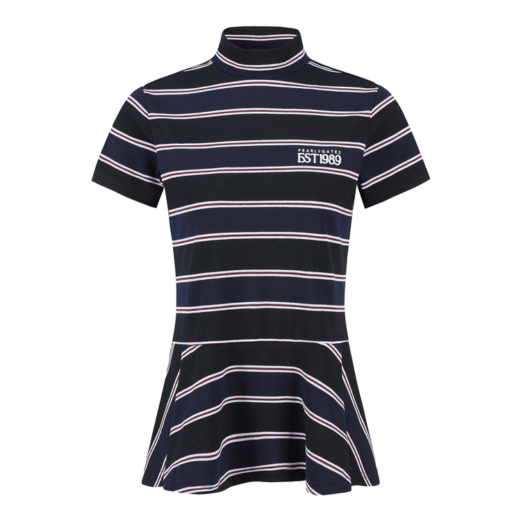 Áo golf nữ Pearly Gates xanh navy cổ cao tay ngắn kẻ sọc ngang