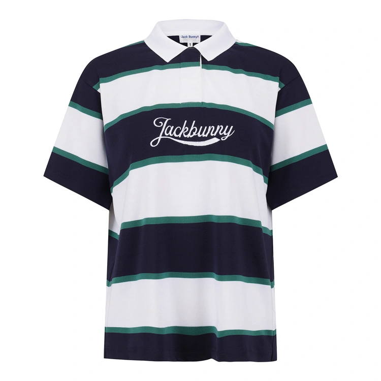 Áo golf nữ Pearly Gates tay ngắn phối kẻ sọc ngang xanh navy trắng xanh lá, logo Jackbunny thêu trước ngực