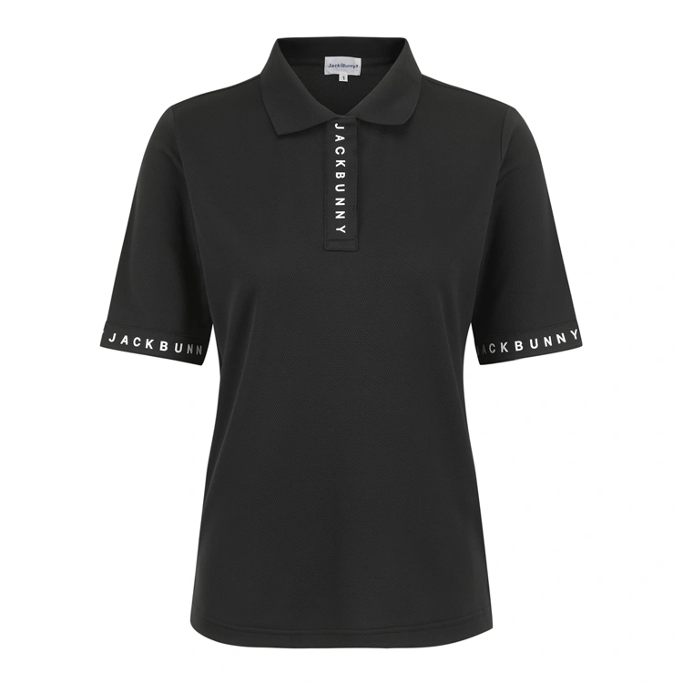 Áo polo golf nữ màu đen tay ngắn có chữ trắng trên cổ và tay áo