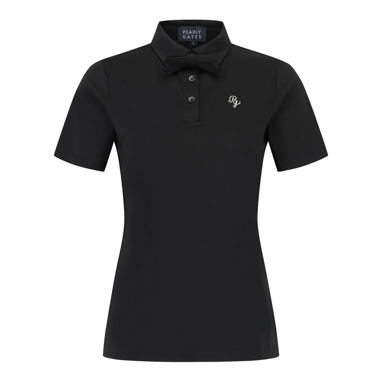 Áo golf nữ màu đen tay ngắn cổ bẻ có nơ nhỏ Pearly Gates