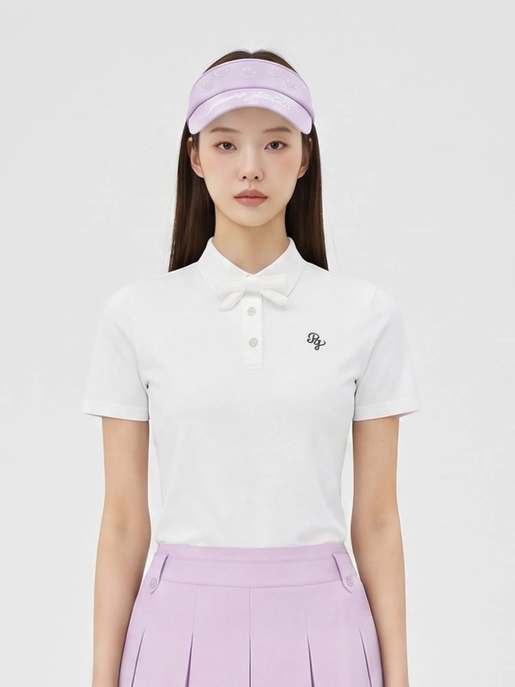 Áo golf nữ Pearly Gates trắng dáng polo cổ nơ phối logo nhỏ trên ngực