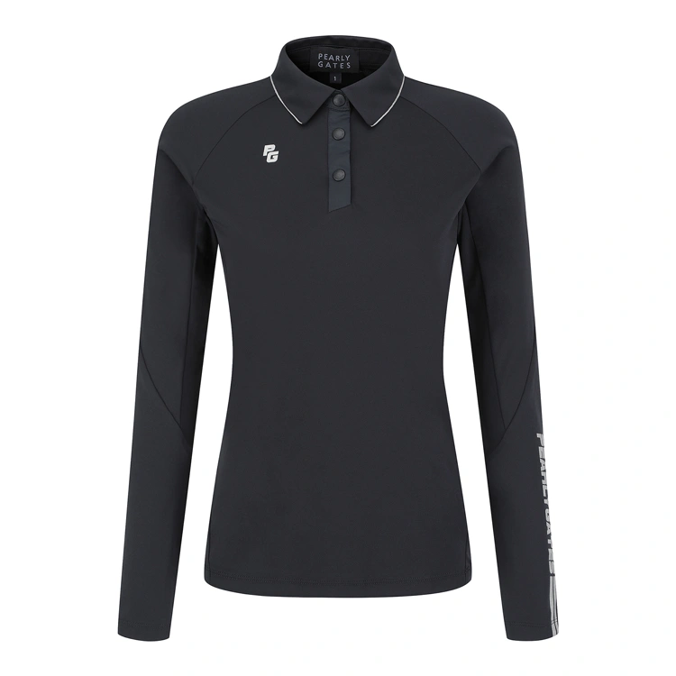 Áo polo golf nữ Pearly Gates màu đen tay dài cổ bẻ viền trắng logo PG nhỏ trên ngực