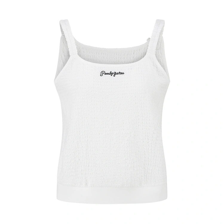 Áo tank top golf nữ màu trắng dáng ôm, dây vai chun và logo Pearly Gates thêu trước ngực