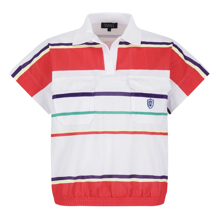Áo golf nữ màu trắng phối sọc ngang đa sắc, tay ngắn, cổ bẻ, túi ngực kiểu túi hộp Pearly Gates