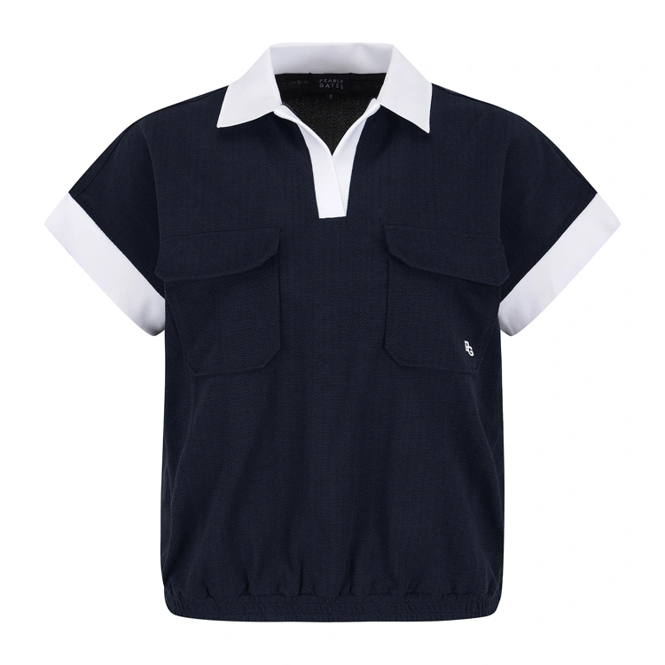 Áo golf nữ Pearly Gates xanh navy cổ bẻ phối trắng tay ngắn thiết kế túi ngực gấu bo thun