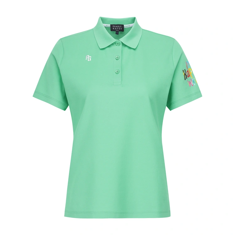 Áo golf nữ Pearly Gates cổ polo tay ngắn màu xanh lá có logo PG và họa tiết chữ nhiều màu trên tay áo