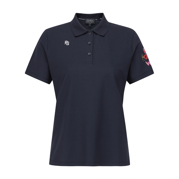 Áo golf nữ Pearly Gates cổ bẻ tay ngắn màu xanh navy logo thêu nữ tính