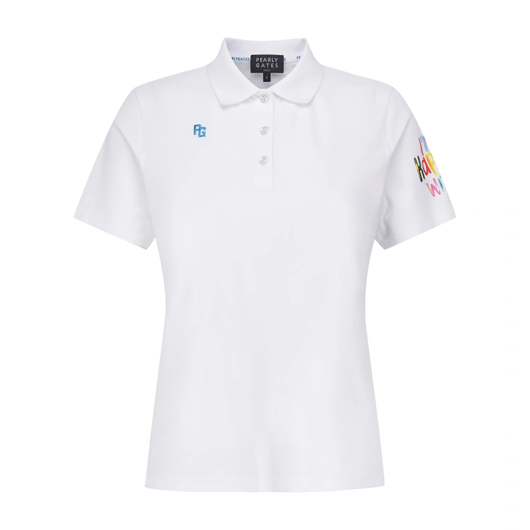 Áo polo golf nữ trắng tay ngắn Pearly Gates với logo thêu xanh và họa tiết chữ màu trên tay áo