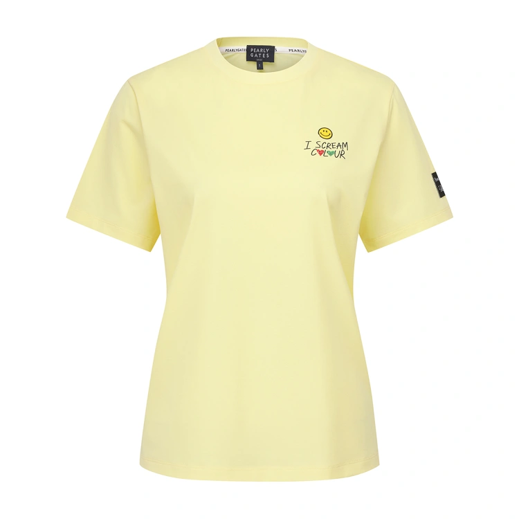 Áo golf nữ Pearly Gates màu vàng tay ngắn in chữ và icon mắt cười nhỏ phía trước