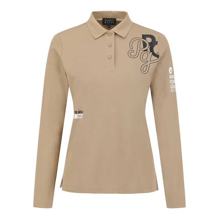 Áo polo golf nữ tay dài màu be Pearly Gates họa tiết chữ PG