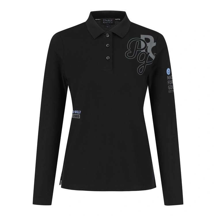 Áo golf nữ tay dài màu đen Pearly Gates cổ polo phối logo in họa tiết